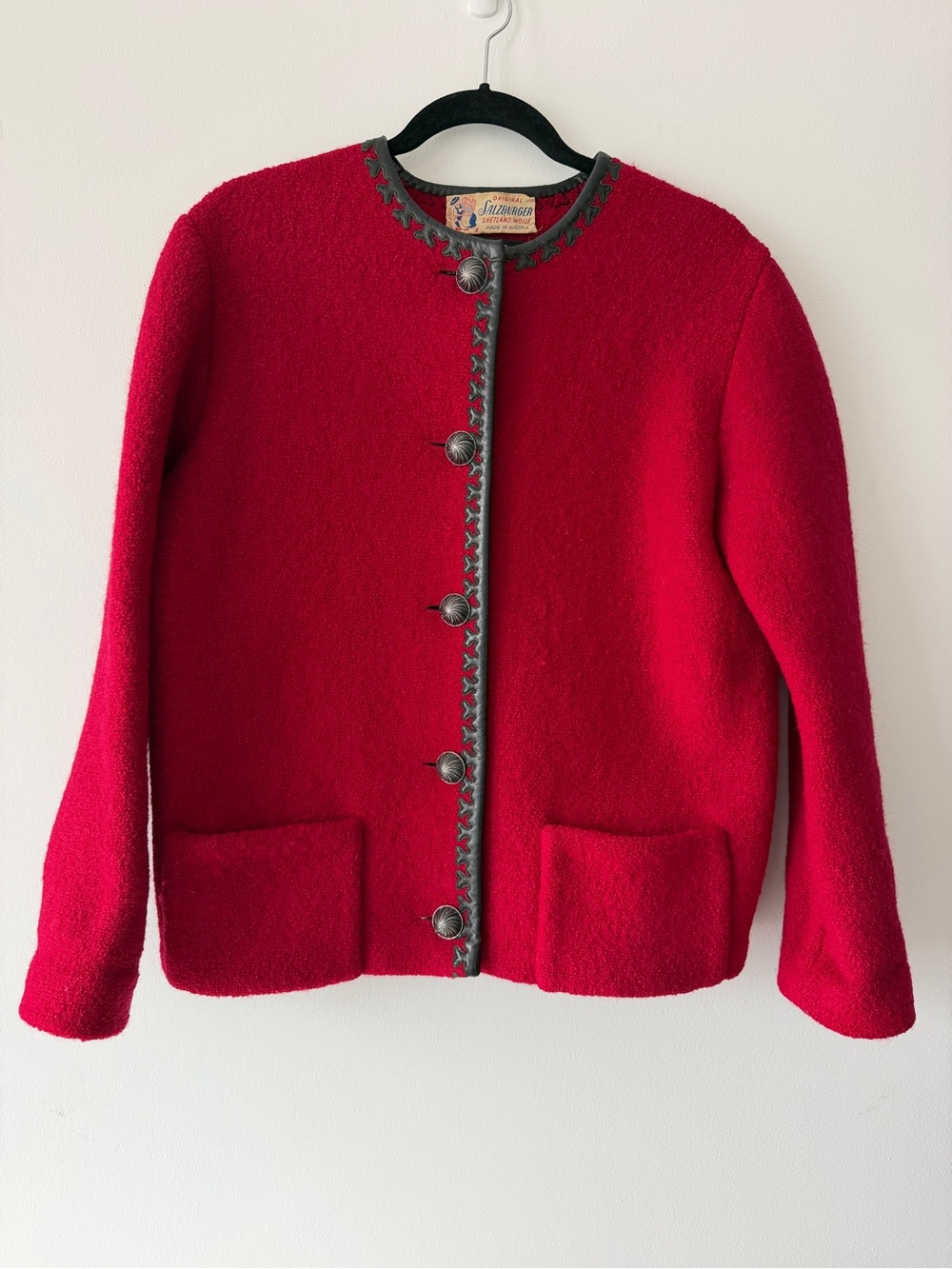 Vintage Salzburger Shetland Red Wool Leather trim Button-Front Jacket Austrian